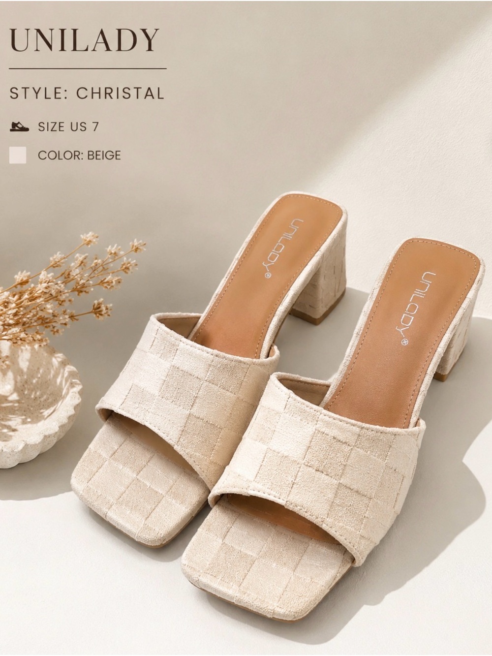 NWB - Unilady - Beige Block Heel Slide Sandals - Christal Style - 7 US